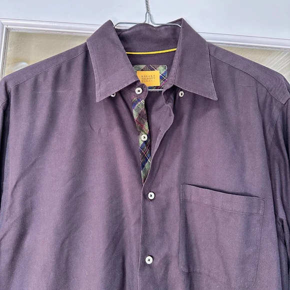ROBERT TALBOT CARMEL Button Down Shirt with Plaid Contrast Button Placard - L - Picture 7 of 9